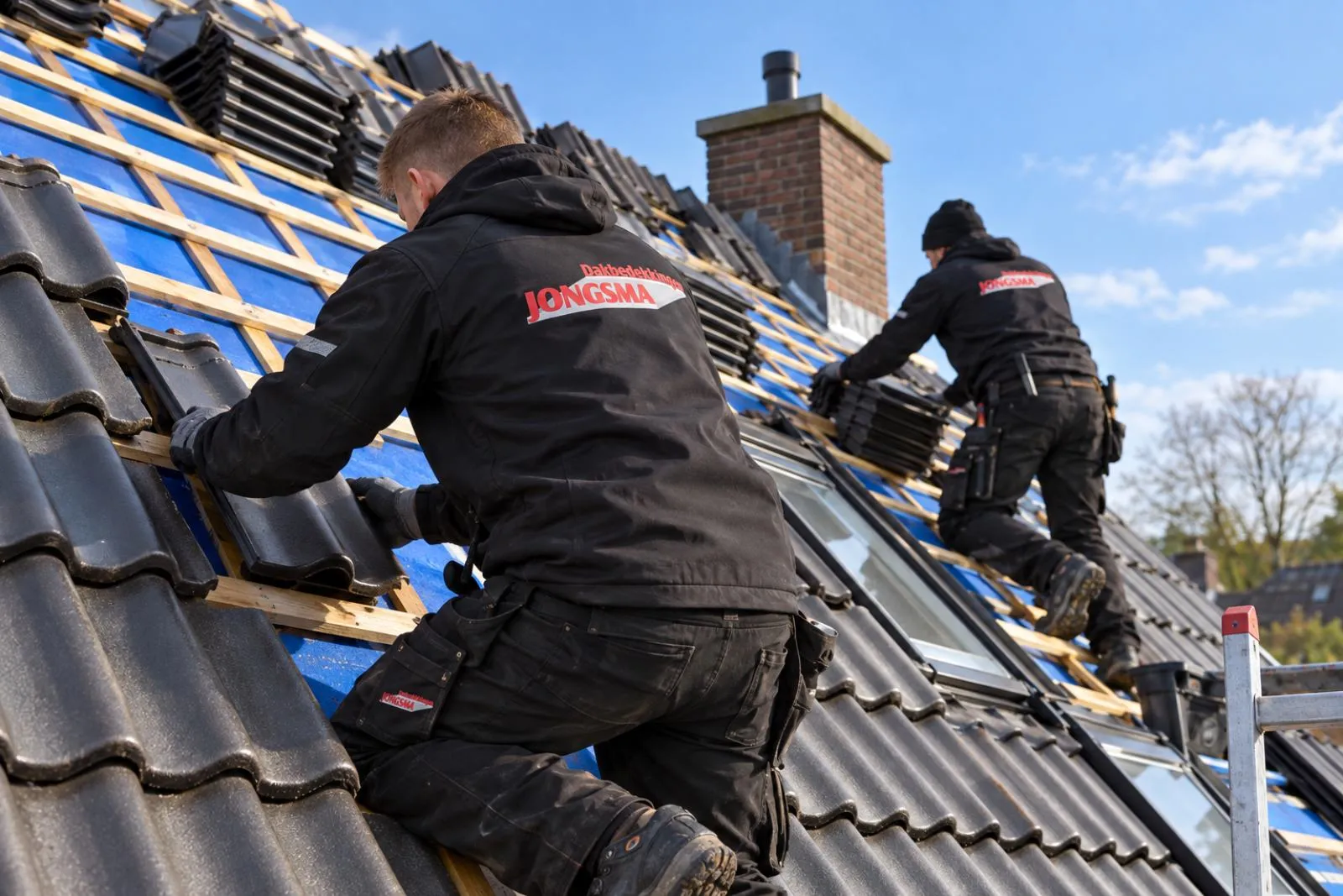 De ploeg van Jongsma Dakbedekkingen aan het werk op een pannendak