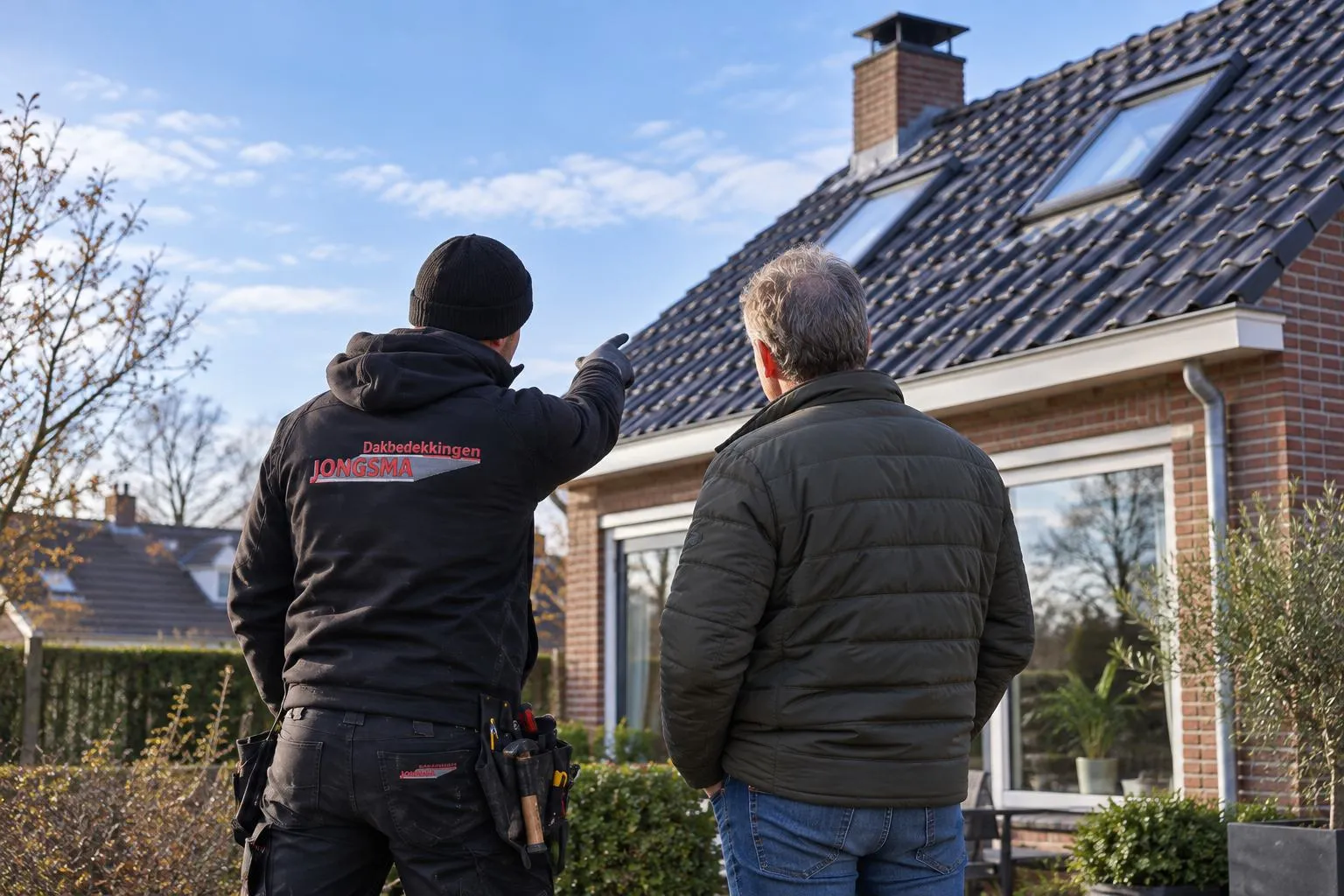 Een dakdekker van Jongsma bespreekt het dak met een bewoner